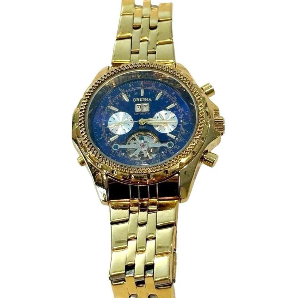 Orkina Men Fashion Chronograph Gold Tone Automatic Analog 49mm Watch 8 3/4